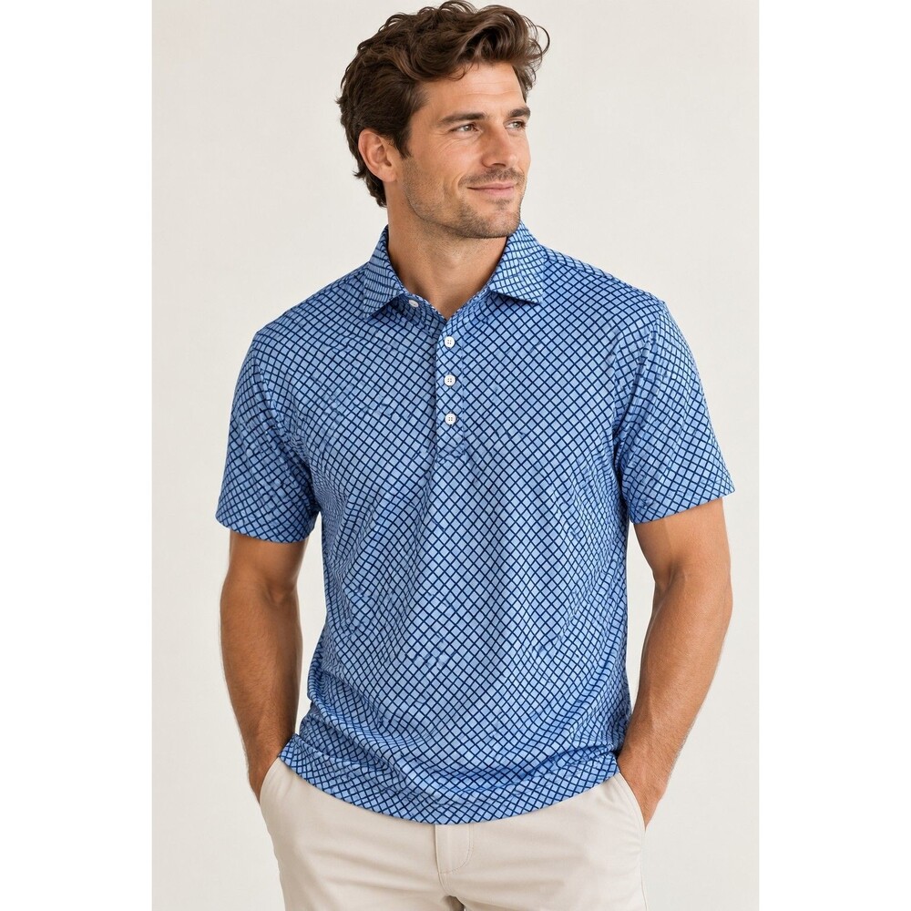 Collars & Co Men’s Dress Collar Polo Shirt Blue Geometric Performance Size M